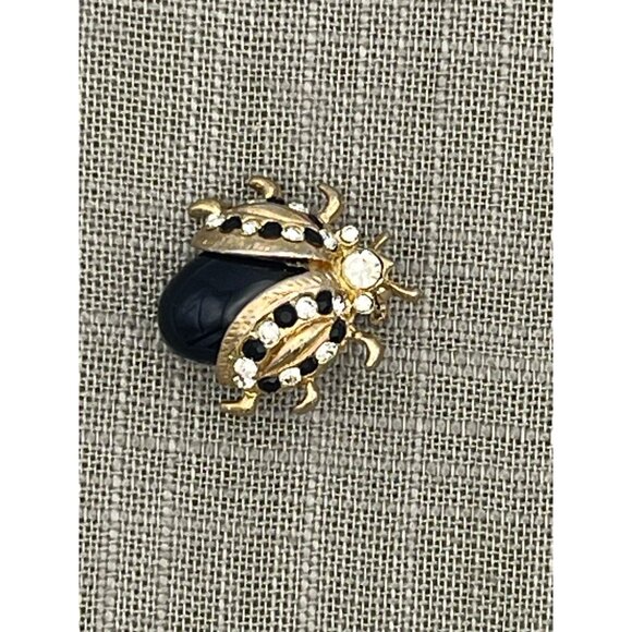 Ladybug Black Gold Tone Brooch Clear Rhinestones 1" - Picture 6 of 11